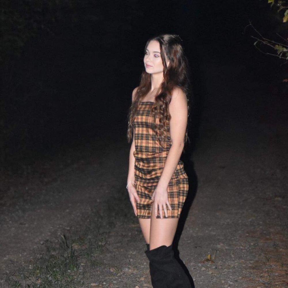 Rue 21, small, orange and black plaid dress.